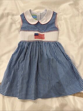 Blue Gingham Smocked Dress with USA flag, embroidery, PERFECT for the 4th!!